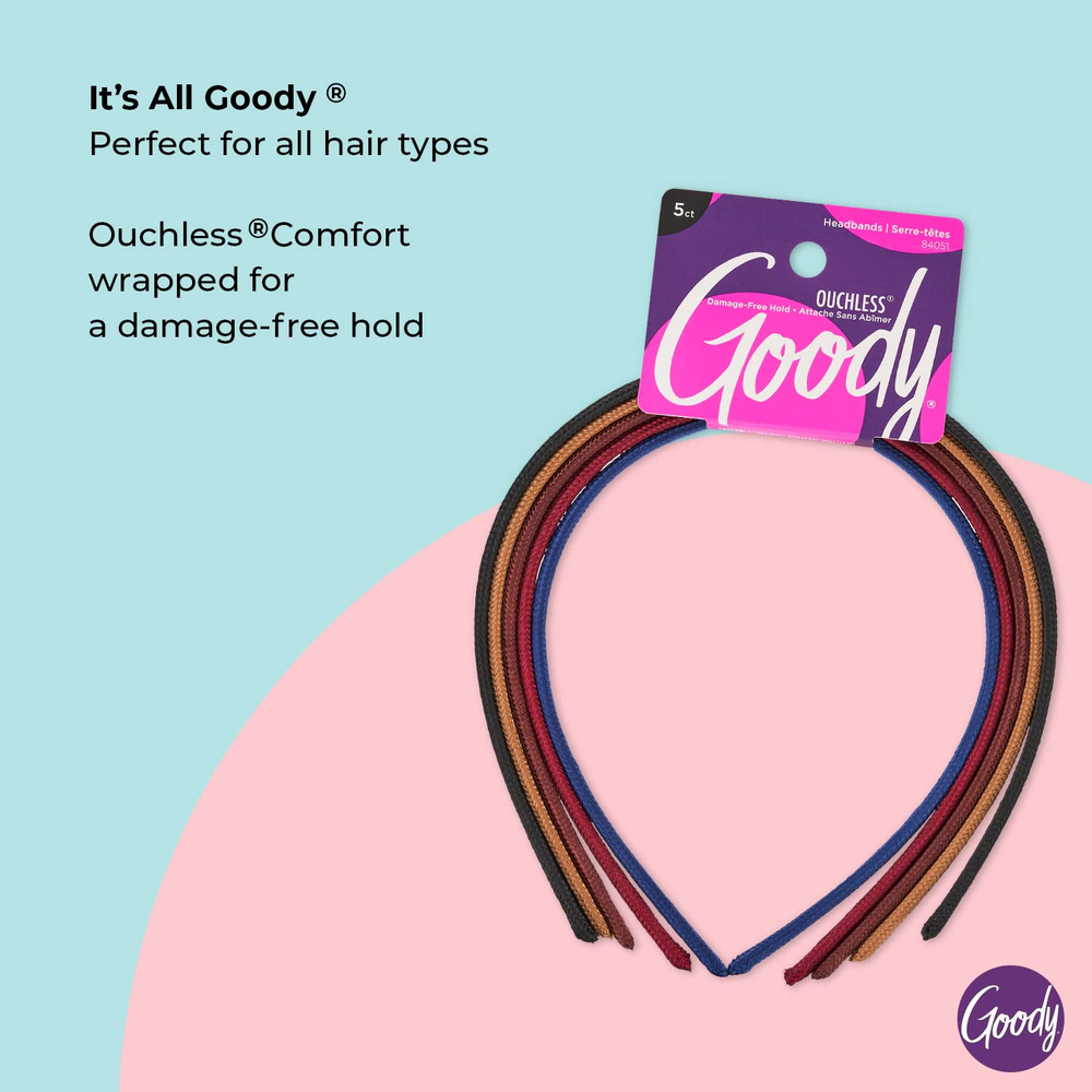 Ouchless Shoestring Headbands, 5 Ct, Assorted Colors, Stylish & Lightweight Thin