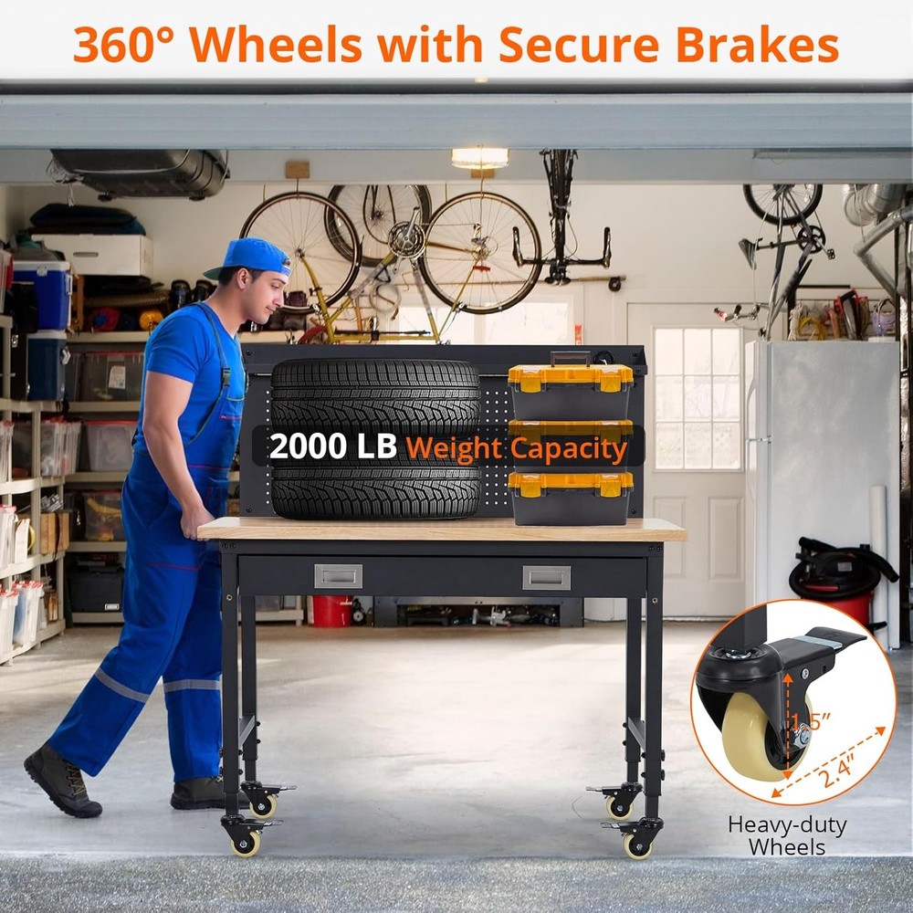 48" Workbench Adjustable Height Workstation w/ Drawer Backplate 2000LBs Capacity