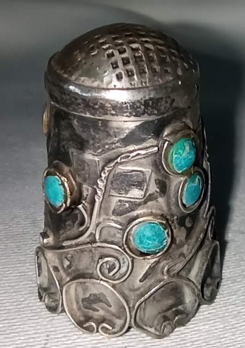 Mexican Silver Thimble With Semi-precious Stones