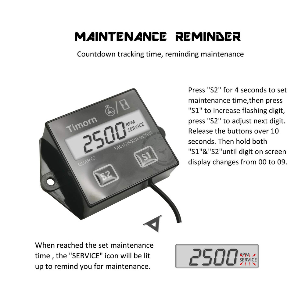 Tachometer for Small Engine,Inductive Hour Meter for 2 Stroke & 4 Stroke Small E