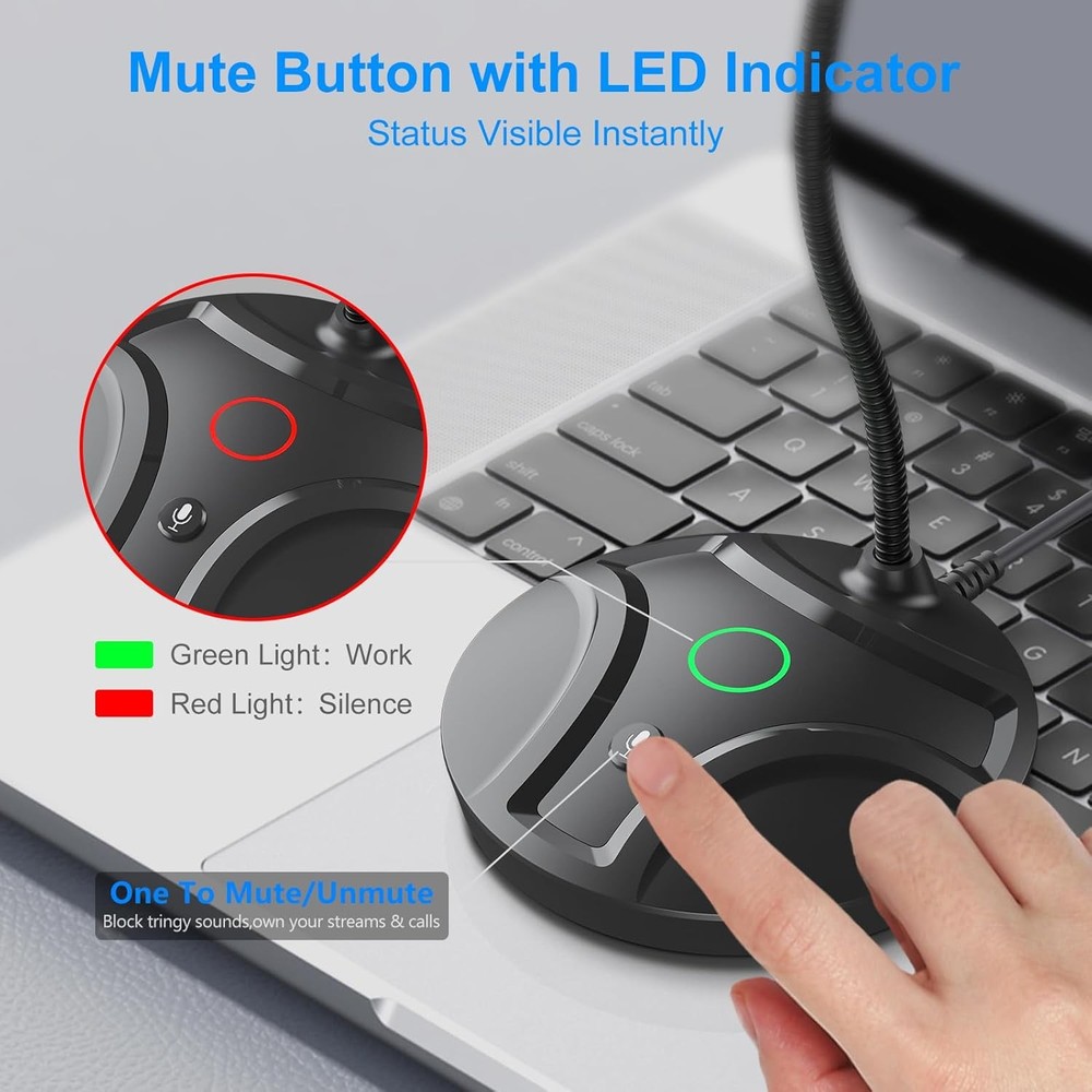 Plug & Play USB Computer Microphone, Flexible Gooseneck & Mute Button LED – De