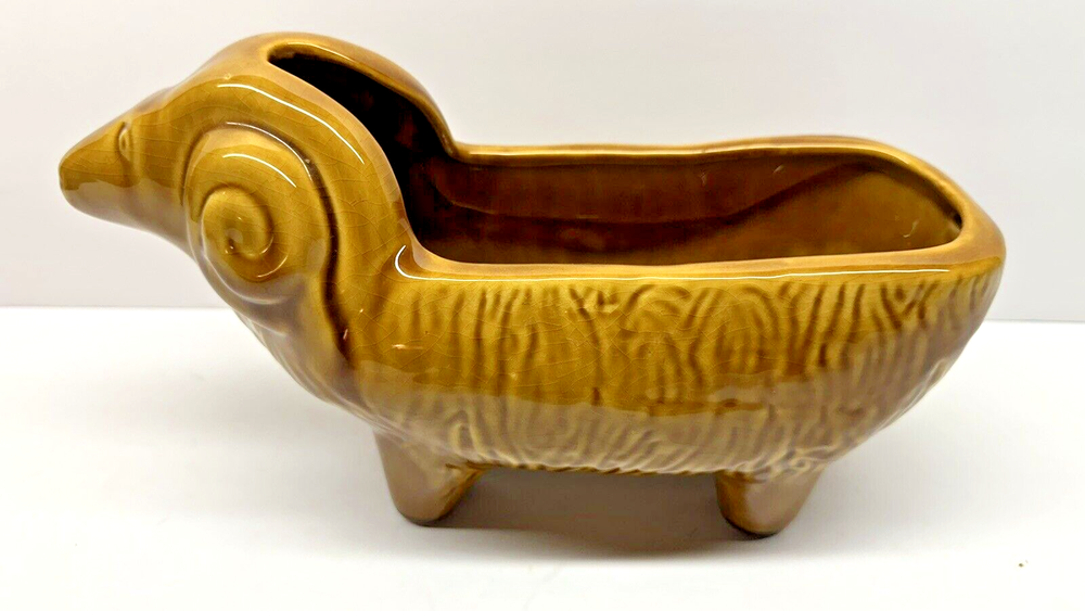 Vintage Glazed Brown Ceramic Pottery Ram Planter 11" Long