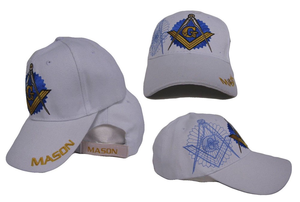 Embroidered White Mason Masonic Shadow Emblem Baseball Style Cap Hat