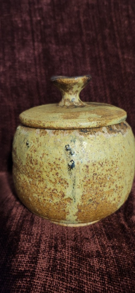 Signed Pottery Lidded Jar Speckled Stoneware Else Moyer