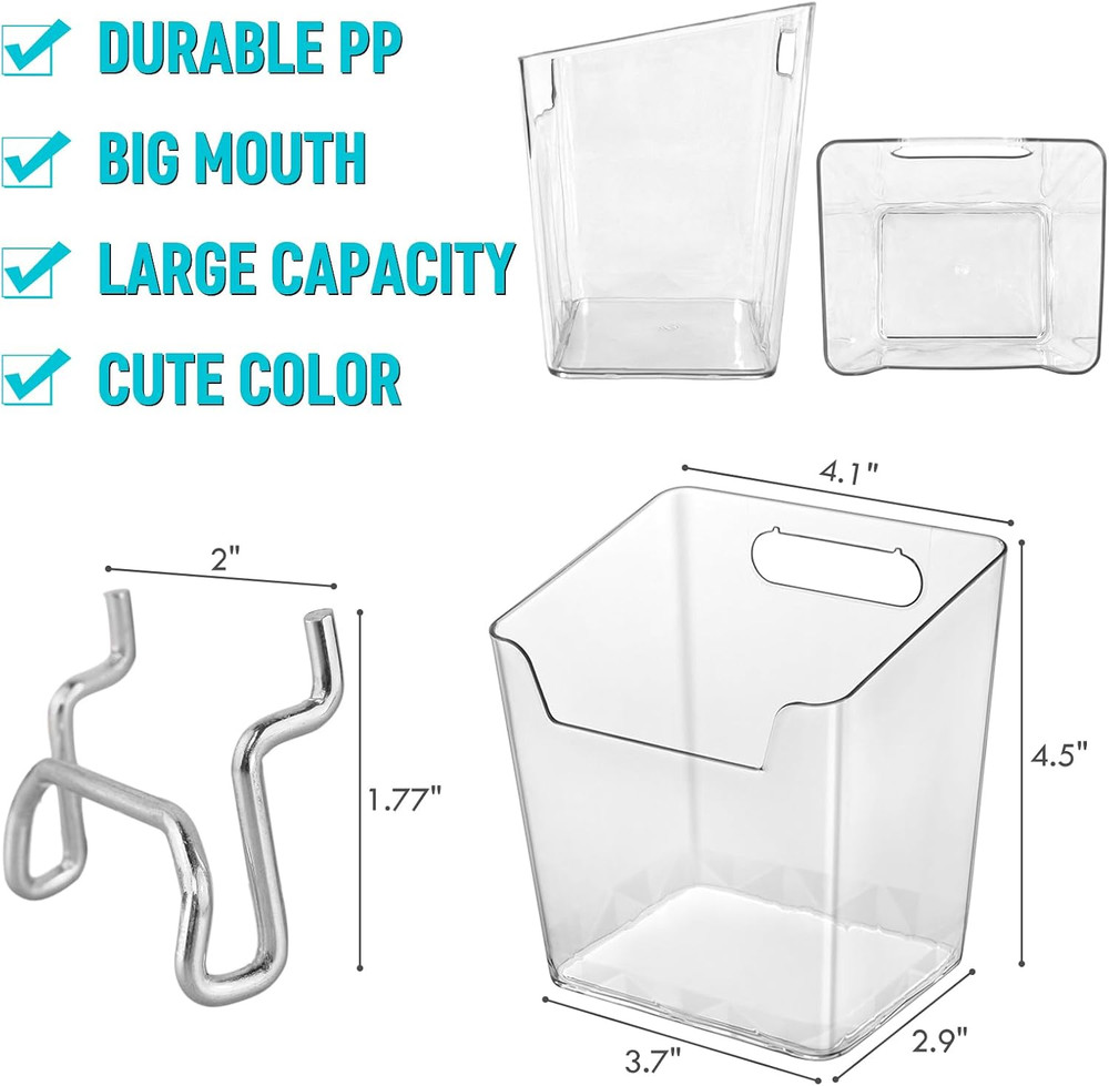 Large Pegboard Cups Peg Board Storage Bin 6 Pack with Hooks, Square Box Shape...