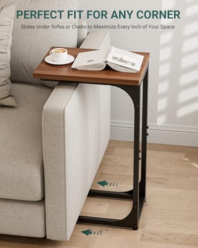 C-Shaped Side Table for Couch - 2-Pack Rustic Walnut Without Power Outlets