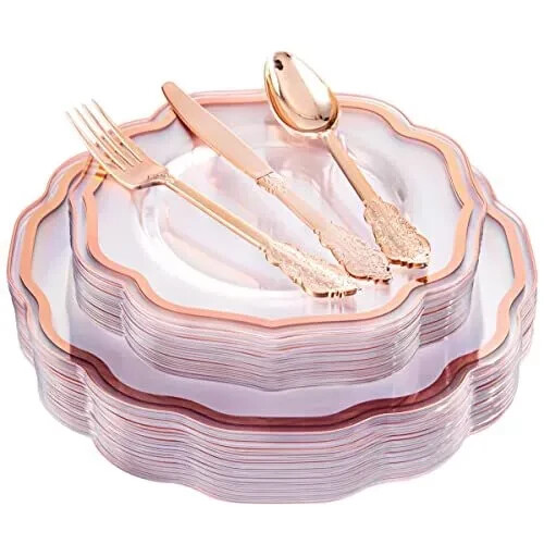 NOCCUR 150PCS Plastic Plates&Silverware-Include 30Dinner Plates, Rose Gold