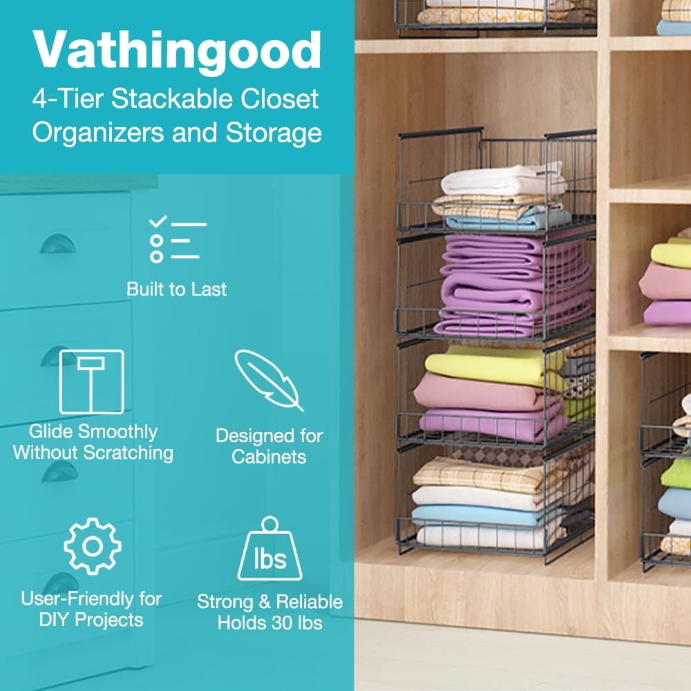 4-Tier Stackable Closet Storage Bins Foldable Organizer Shelves for Wardrobe,...