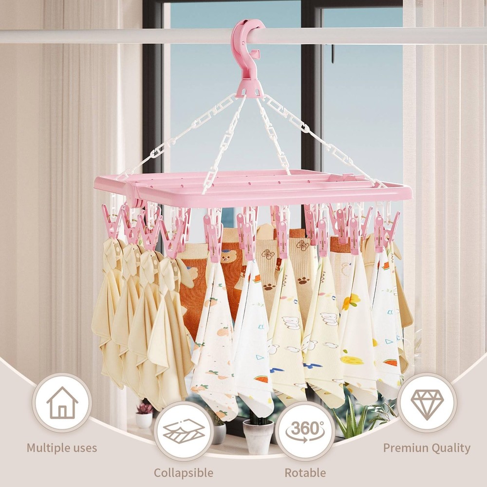 Clothes Drying Rack with 32 Clips, Foldable Hanging Rack, 360° Rotatable Hook...