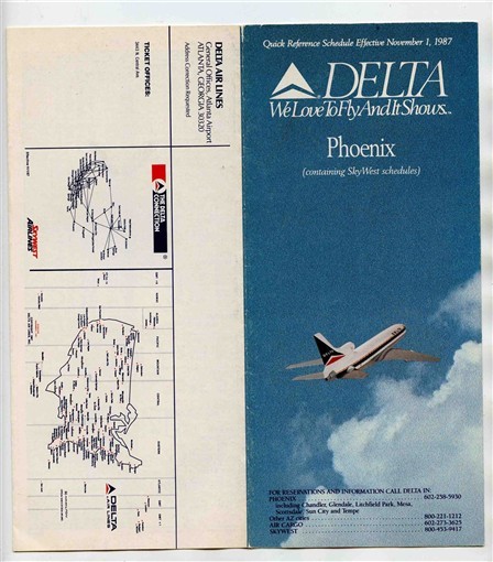 Delta Airlines Sky West Time Table 1987 Quick Reference Schedule for Phoenix