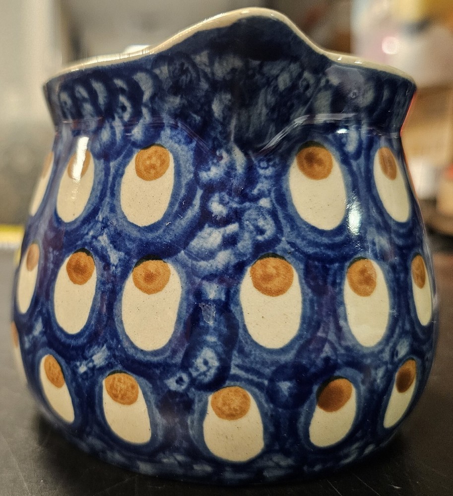 Heise Pottery Handmade Germany Handled Creamer Blue & Bone colored with Dots