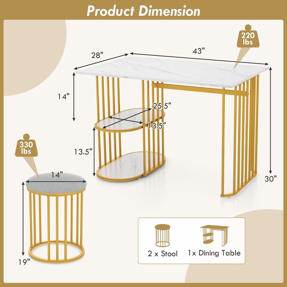 3-Piece Dining Table Set for 2, Rectangular Kitchen Table with 2 Stools, 2-Ti...