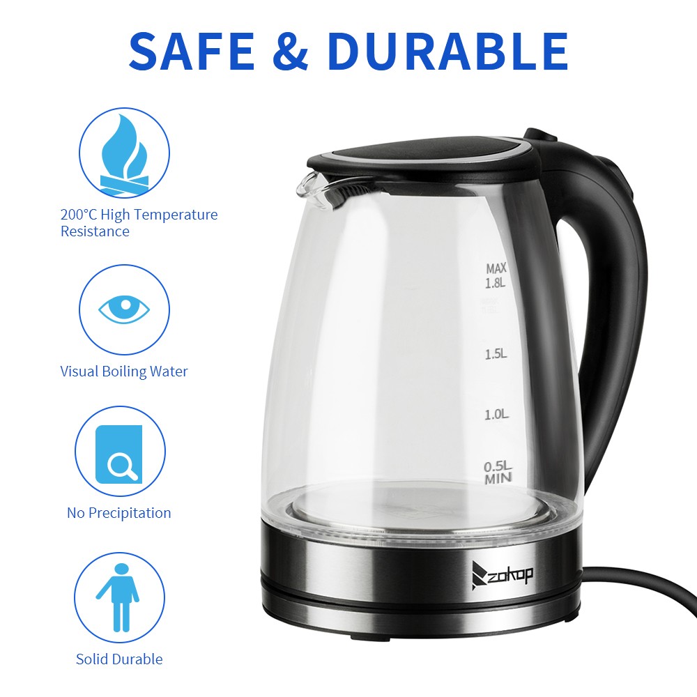 ZOKOP HD-1857-A 110V 1200W 1.8L Electric Glass Kettle US Plug