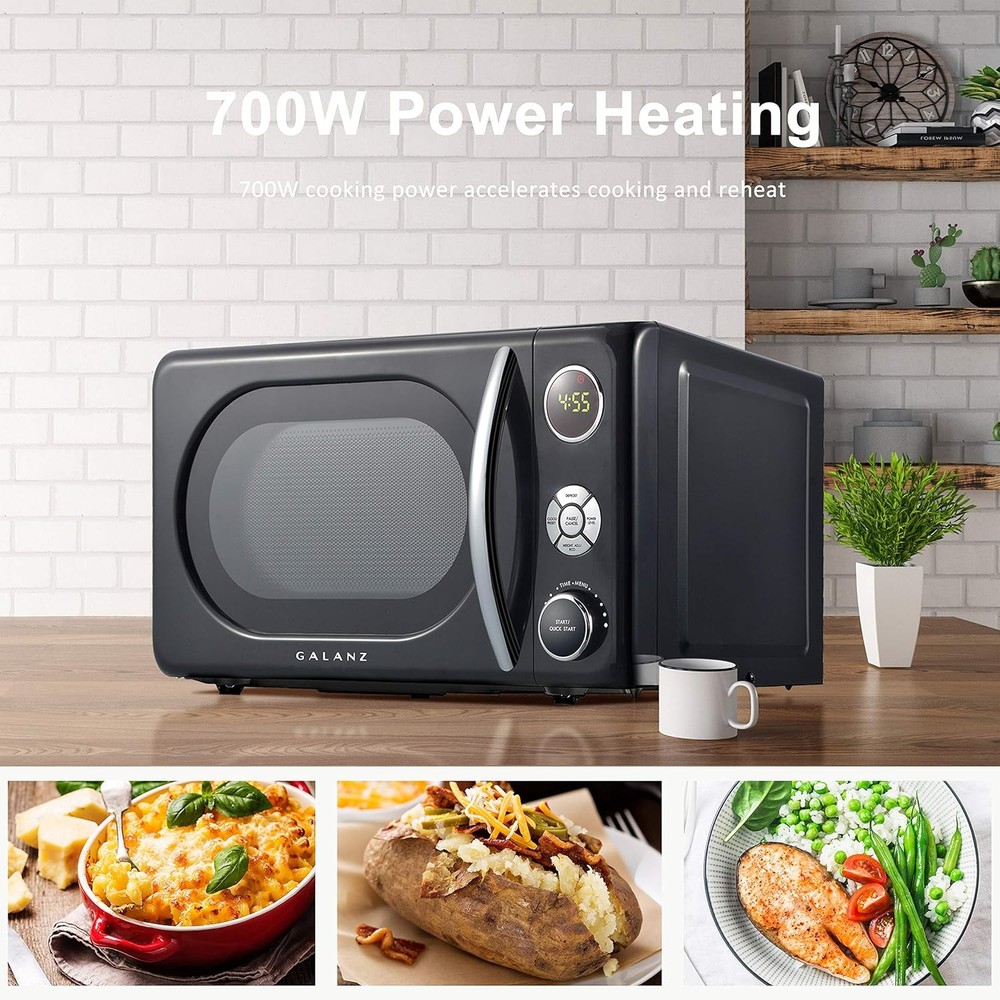 0.7 Cu Ft Retro Microwave Oven LED Pull Handle Child Lock Black