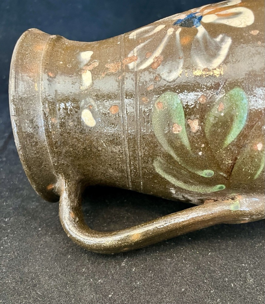 Fantastic Circa 1800’s Redware Milk Pitcher. Applied Handle Painted Florals.