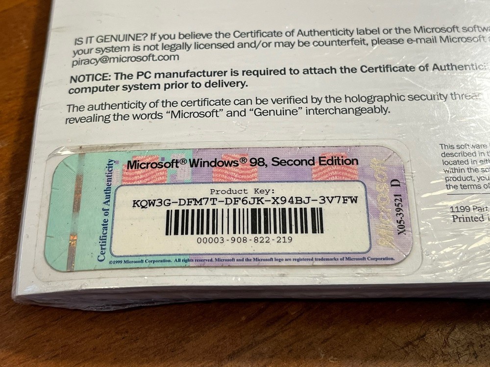 New Microsoft Windows 98 Getting Started OEM Manual Certificate Product Key CD