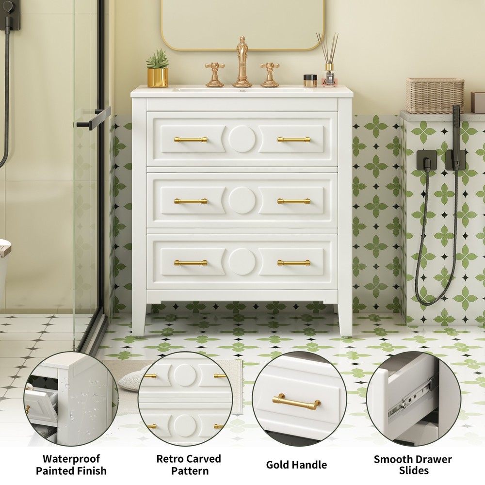 Bathroom dressing table - white, ceramic sink set, 3 drawers, solid wood frame