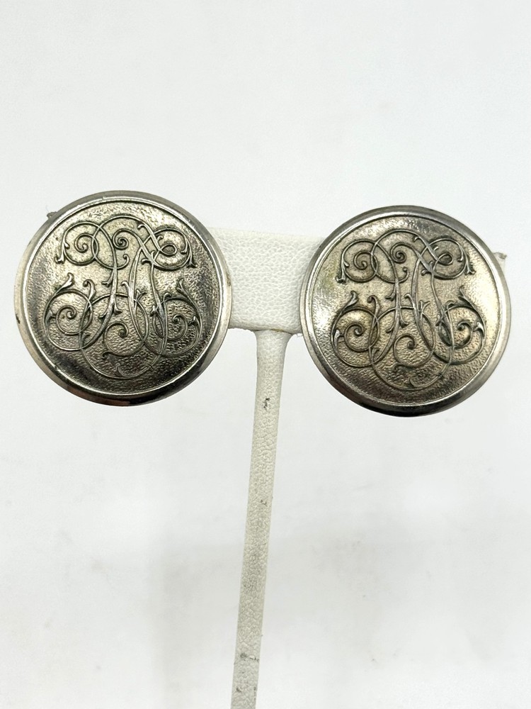 Vintage monogram design circle clip on earrings