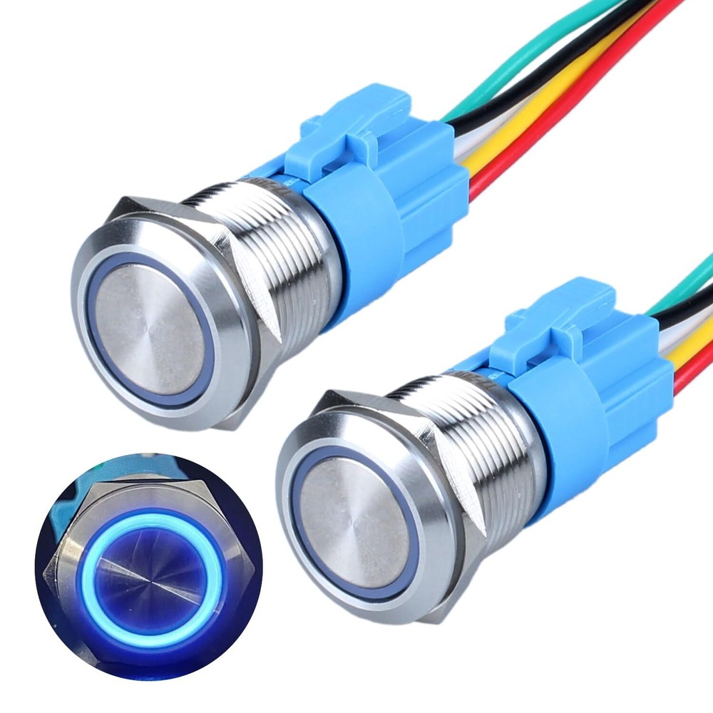2pcs 19mm Latching Push Button Switch 12V/24V Waterproof Blue LED