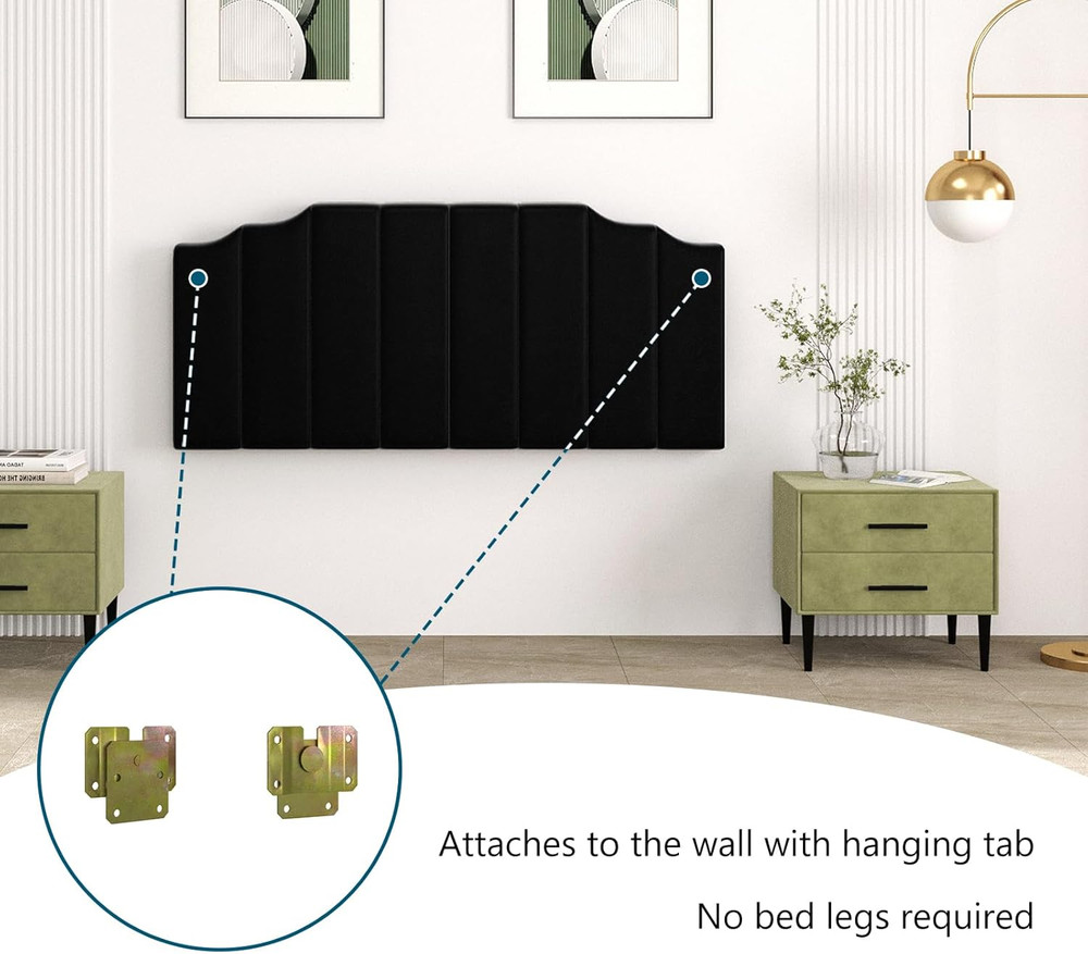 Curved Tufted Black Velvet Queen Headboard - Wall Mounted Elegance