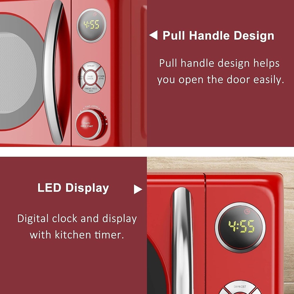 Microwave Oven LED Lighting Pull Handle Design Child Lock Retro Red 0.7 Cu.Ft