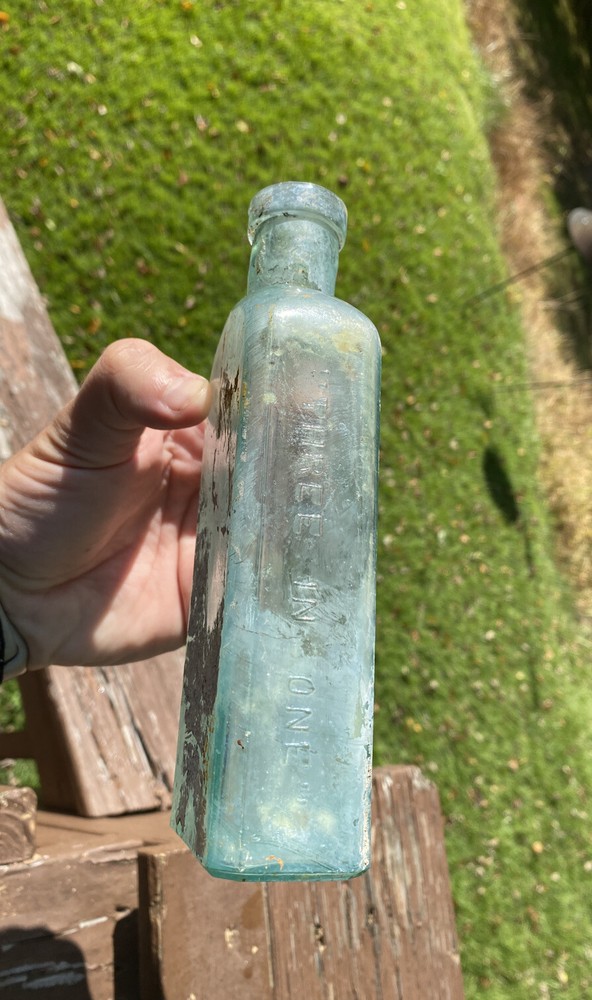 Three In One Oil Co, Blown Aqua Bottle