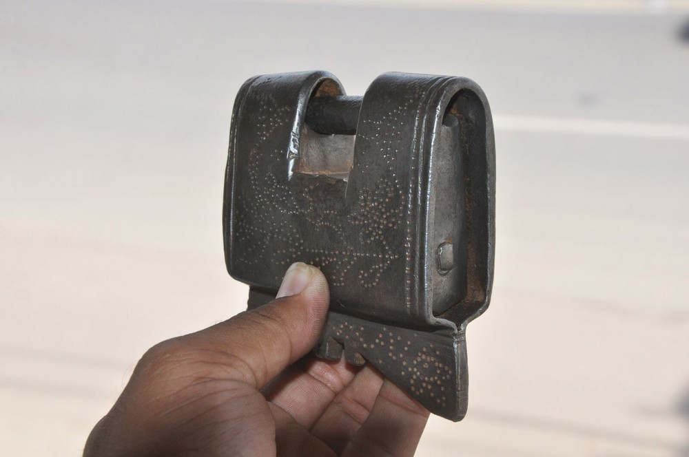 Vintage Iron Handcrafted Solid Inlay Engraved Unique Shape Strip System Padlock