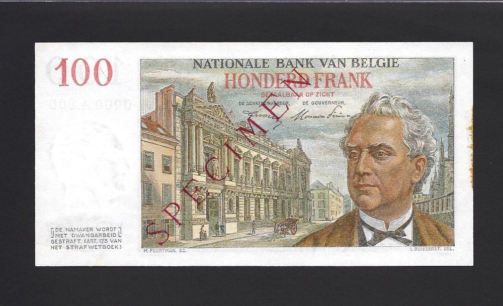Belgium p-129 , UNC, 100 Francs , SPECIMEN !!