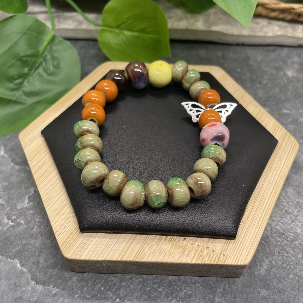 Handmade Ceramic Bead Beaded Stackable 6.5” Plus Stretch Bracelet New B485