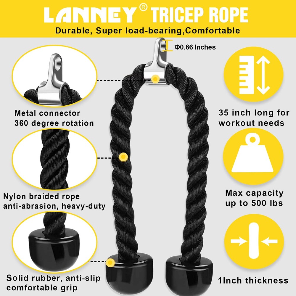 Tricep Rope Cable Machine Attachment, 35" Triceps Pull Down Rope LAT Pulldown...