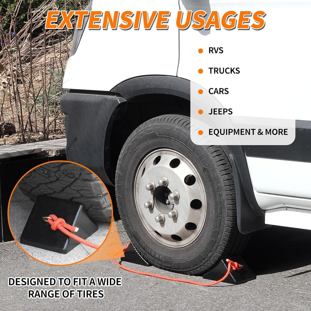 Heavy Duty Rubber Wheel Chocks with Eyebolt, Solid 4-Pack (8x5x4)