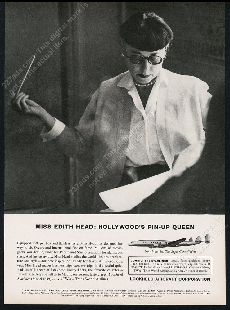 1957 Edith Head photo Lockheed Constellation plane vintage print ad