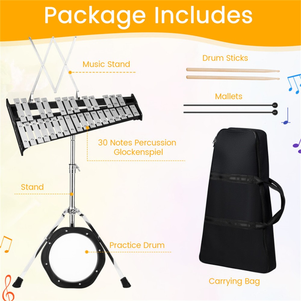 30 Notes Percussion Glockenspiel with Mallets Sticks Stand