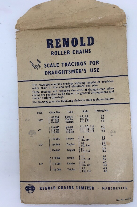 Renold Roller Chains Scale Tracings for Draughtsman's Use - Vintage