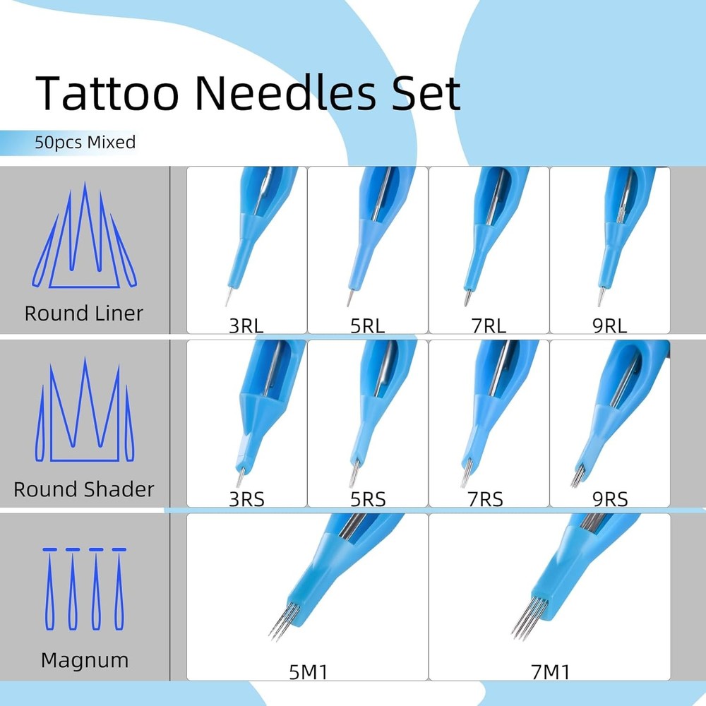 Tattoo Needles & Tips Set, ATOMUS 50pcs Disposable Mixed +...