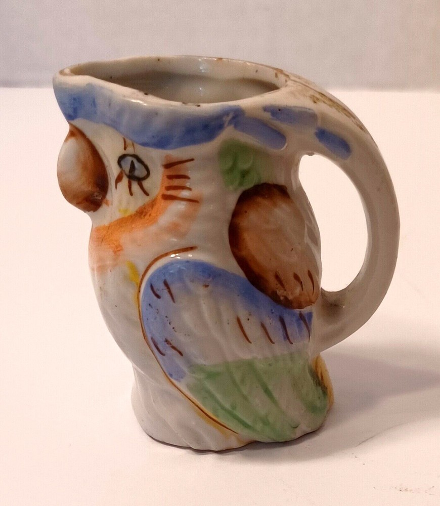Vintage Parrot Small Ceramic Pitcher with Handle Japan Approx. 2 5/8"