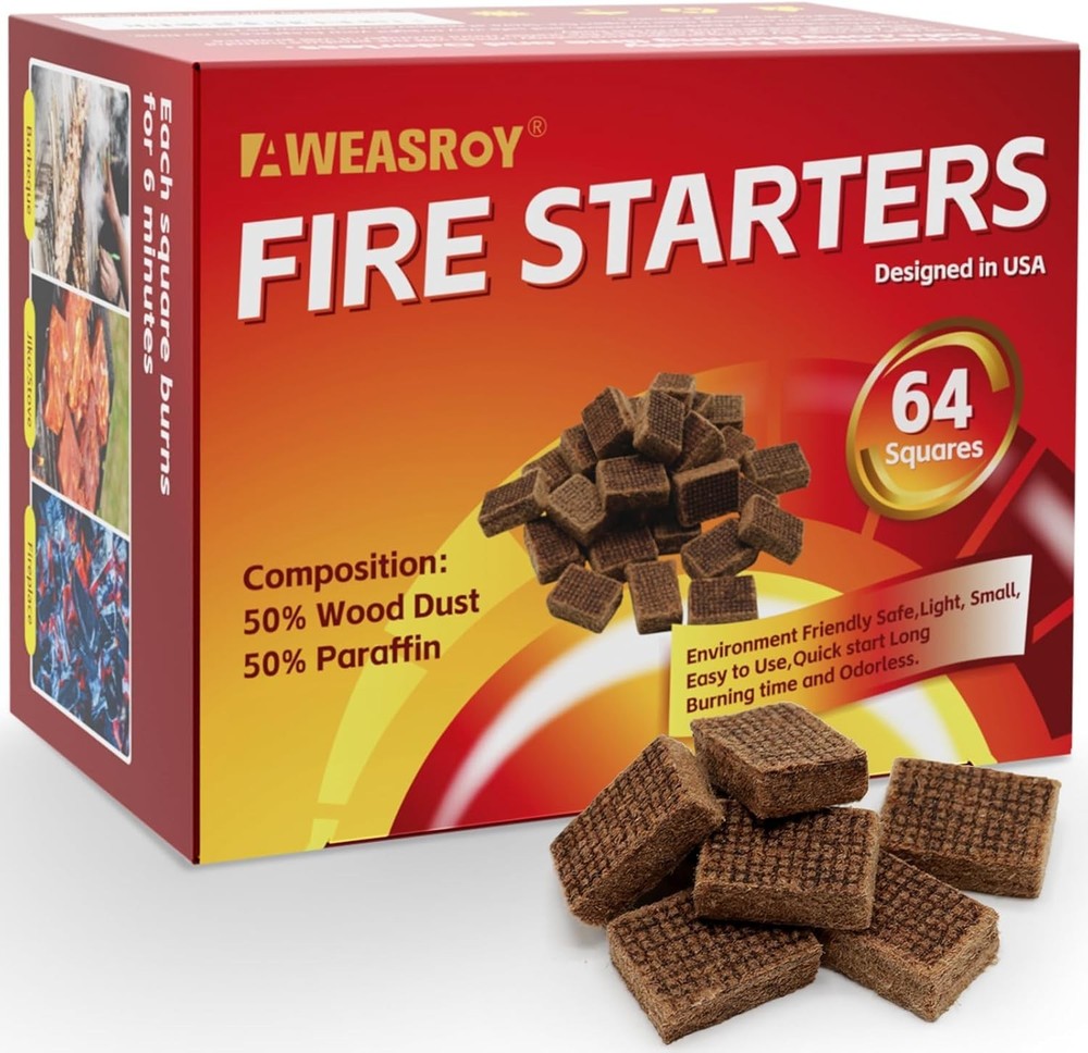 64 Pack Fire Starter Squares - Fast, Safe, & Effective for Fire Lighting