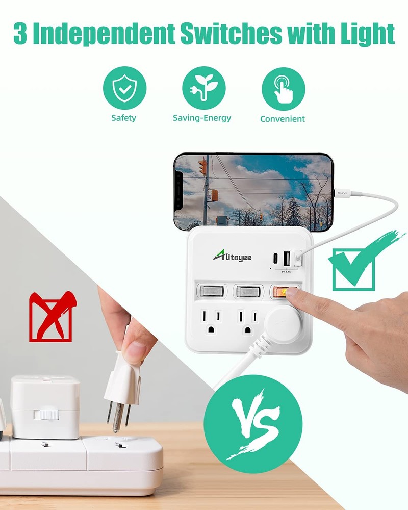 Alitayee Wall Outlet Extender Surge Protector, USB Power Strips with WHITE