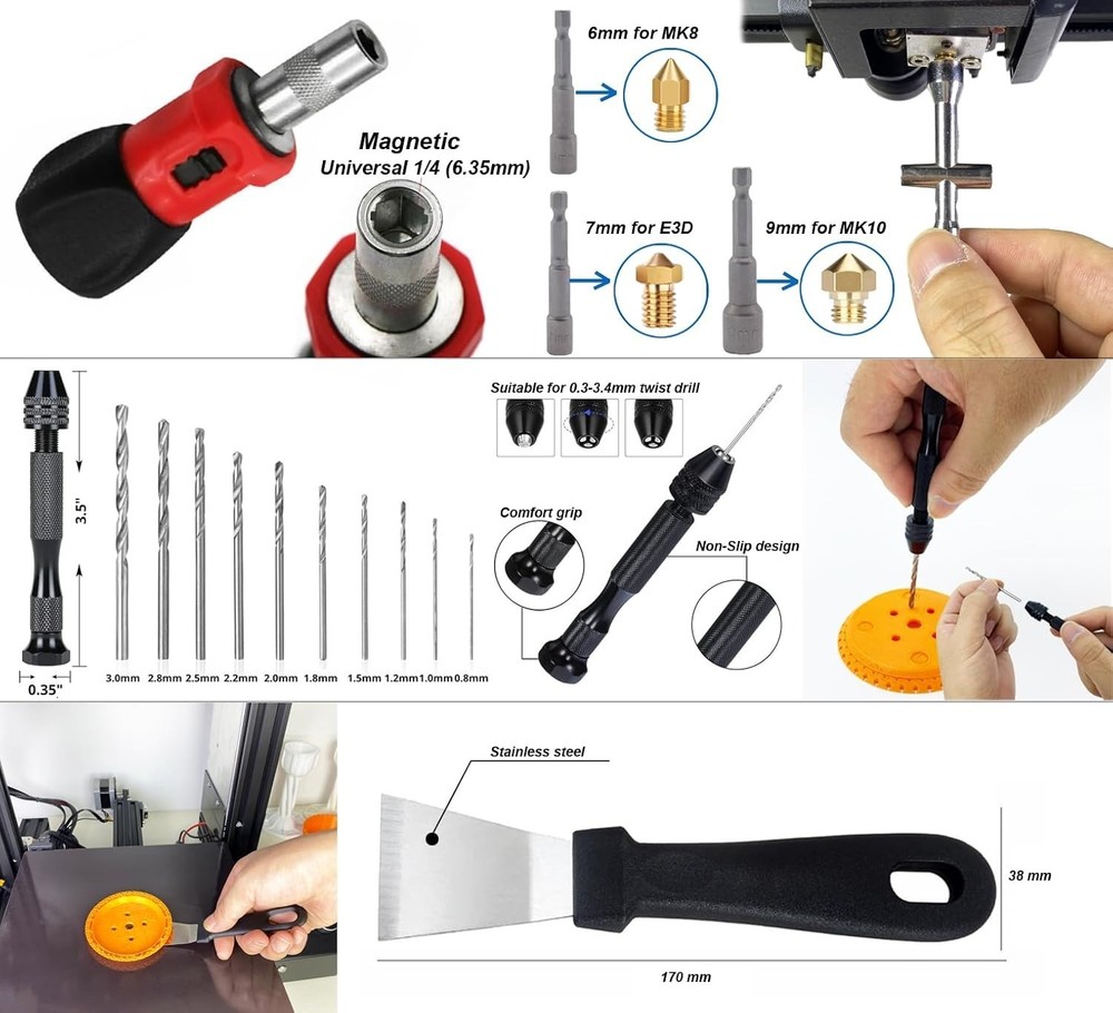 Pro 3D Printer Tools 124pc Set: Rotary Tool, Nozzle Clean, Deburring, Bag - H...