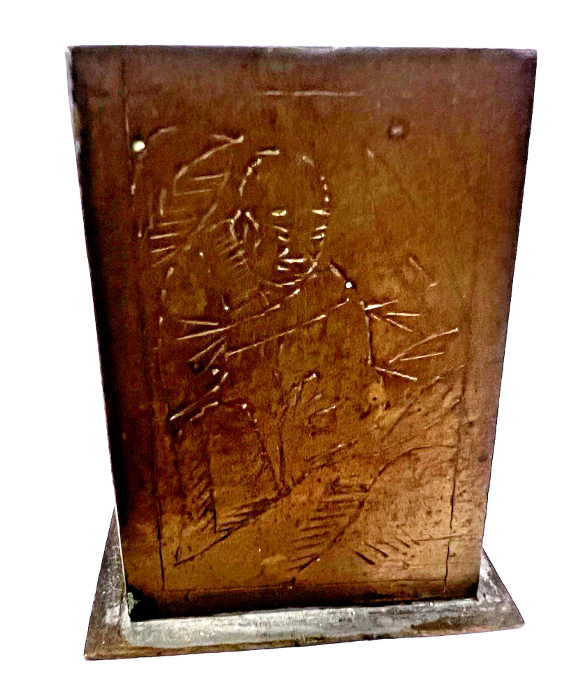 Solid Brass Match Box Holder Stand w Side Stricker Man & Fruit Design