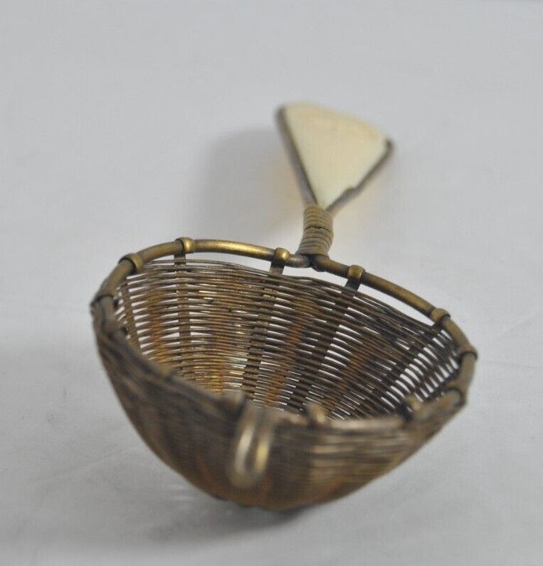 Vintage Tea Strainer Handwoven Brass White Handle Maple Leaf Design 6" by 2"