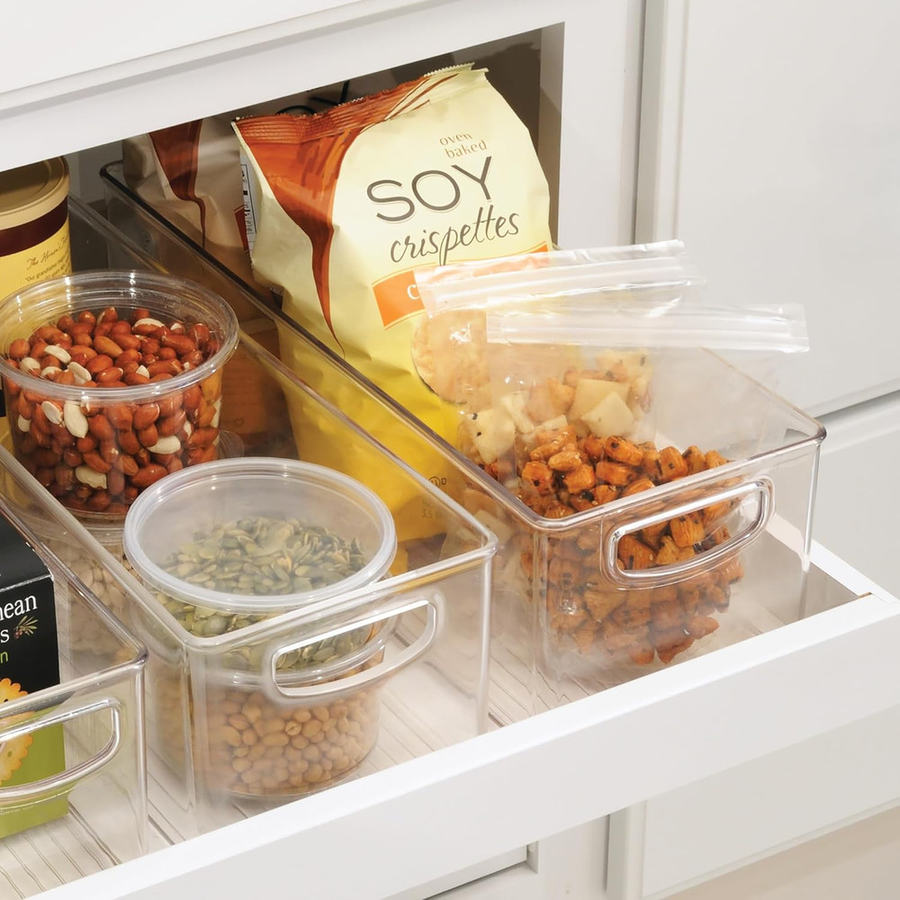 Plastic Stackable Pantry Bin with Handles for Cabinets or Fridge, Clear, Made in