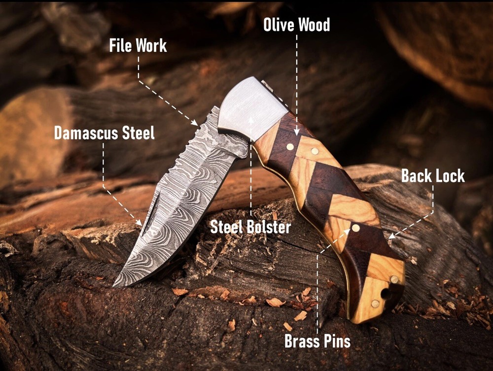 Handmade Damascus Pocket Knife Olive Wood Handle