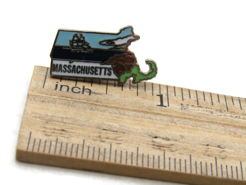 Vintage Massachusetts State Shape Lapel Pin MA Souvenir Tall Ship Cape Cod