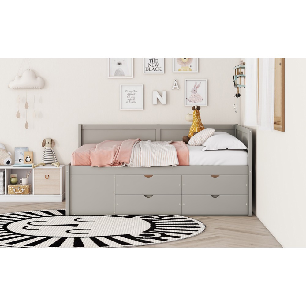 Full Size Daybed w/ Drawers & Shelves, Solid Wood Frame, Gray