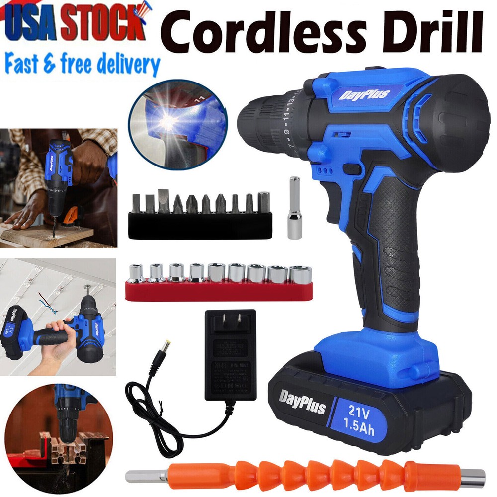 2 Speed 21V Electric Power Tools Cordless Drill / Driver with Bits Set & Battery