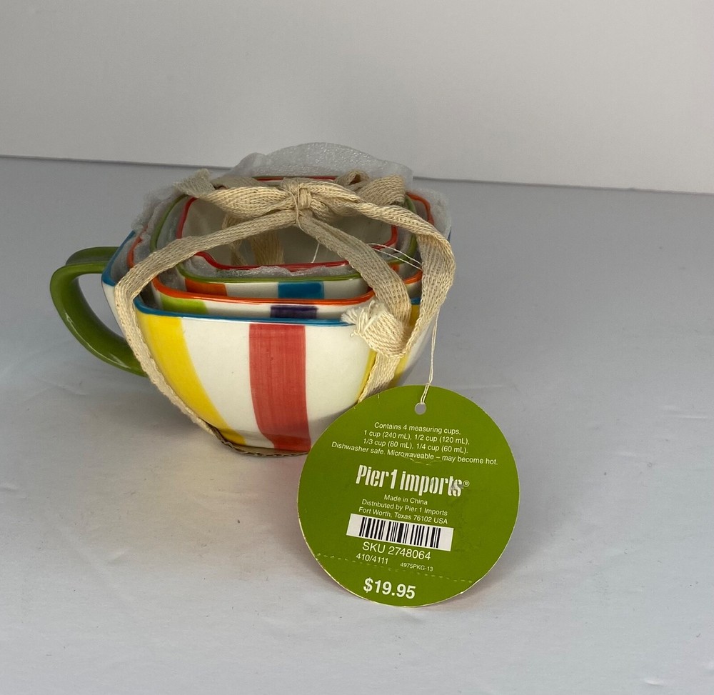 Pier 1 Striped Ceramic Stacking Nesting Measuring Cups Scoops Spout Set Of 4