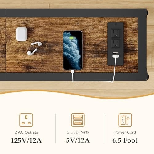55.1" Industrial Console Table with Outlets & USB Ports - Slim Sofa Table for Li