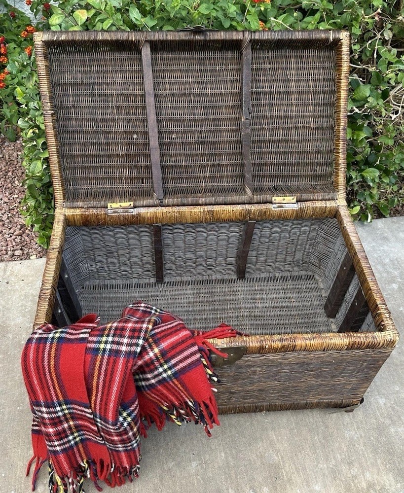 Antique Wicker Blanket Chest c1905 Cane Trunk Brass Hardware