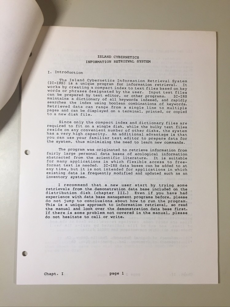 Vintage 1981 ISLAND CYBERNETICS Information Retrieval System Manual &Disk